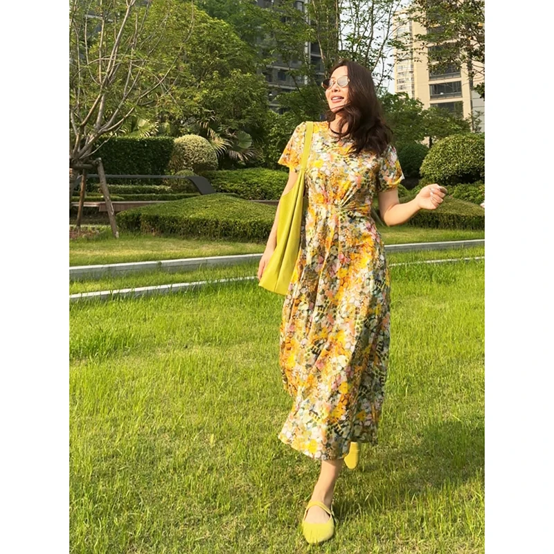 春夏上新碎花显瘦气质宽松长款女装连衣裙时尚夏季复古印花LZ020