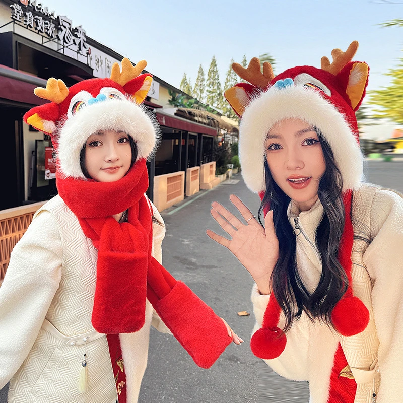 国潮风醒狮龙新年新款红色帽子女可爱学生少女毛绒保暖护耳雷锋帽