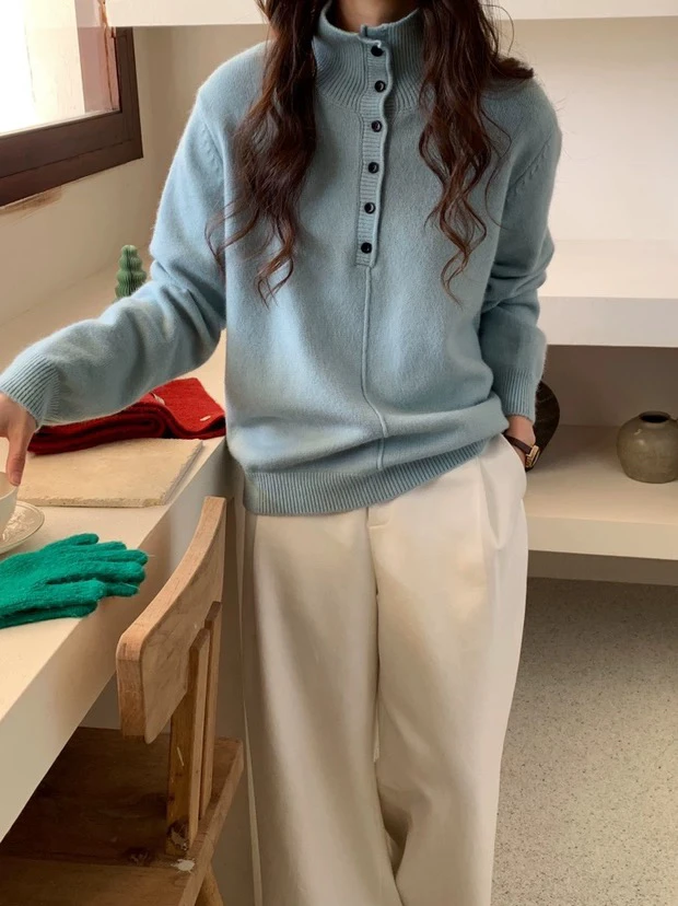 木子姐推荐 糖果单排扣立领毛衣82021Q