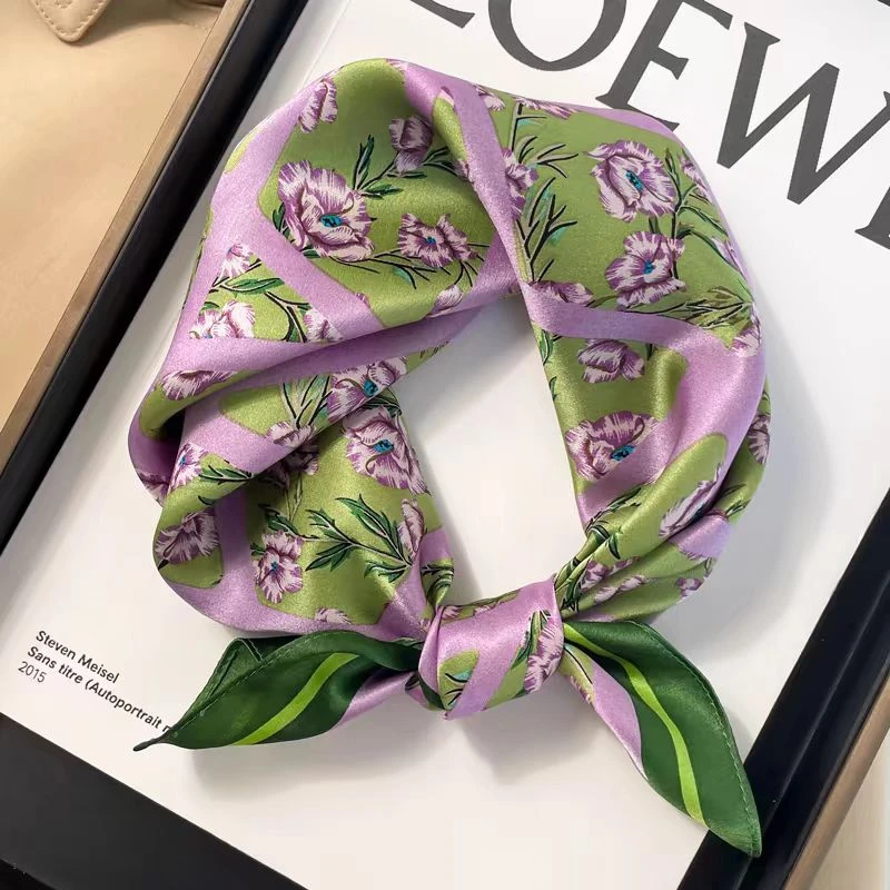 逐梦鸟早春显白绿紫复古花卉53cm真丝桑蚕丝方巾披肩围巾