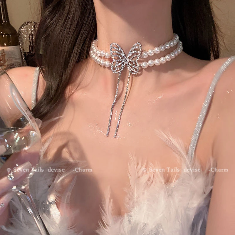 铜合金亚克力项链 梦之蝶~珠珠项链蝴蝶结锁骨链轻奢小众优雅颈