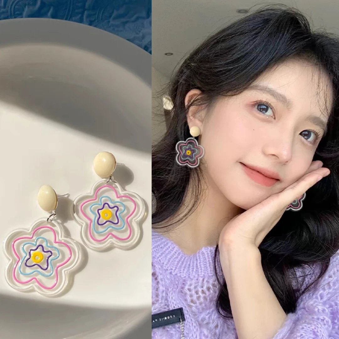 彩色花朵耳环女新款可爱甜美精致气质小众森系耳夹无耳洞少女耳饰