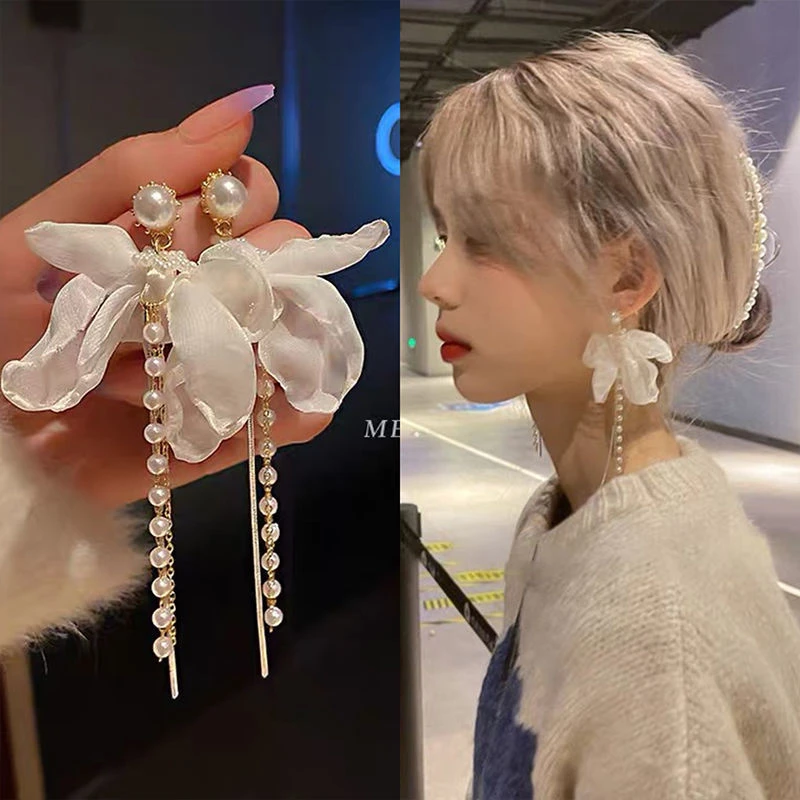 超仙长款蝴蝶结流苏耳环白色珠珠耳坠女ins复古港风轻奢耳饰女