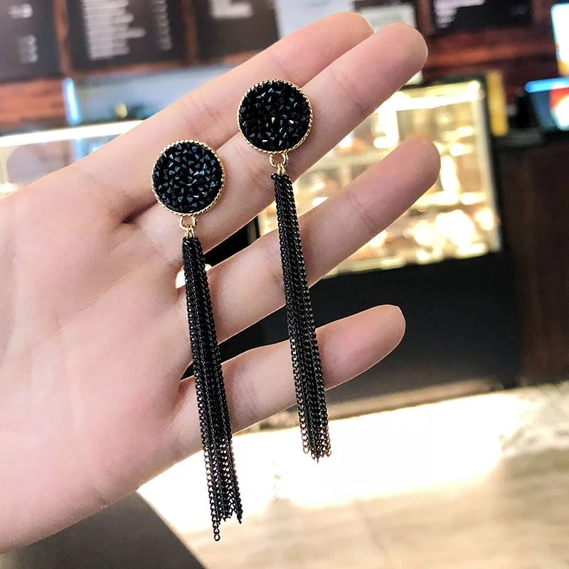 铜合金耳饰 ins黑色流苏耳环韩国气质网红个性长款吊坠简约耳坠女