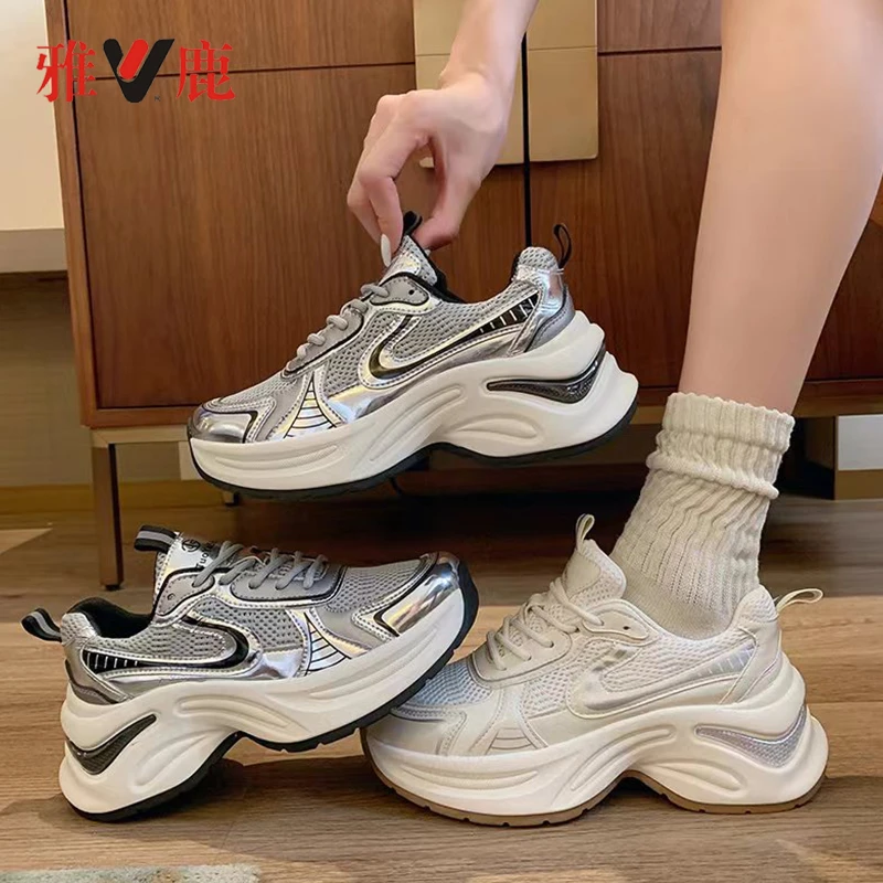 雅鹿真皮厚底老爹鞋秋季新款时尚百搭休闲女新韩版显瘦运动鞋617