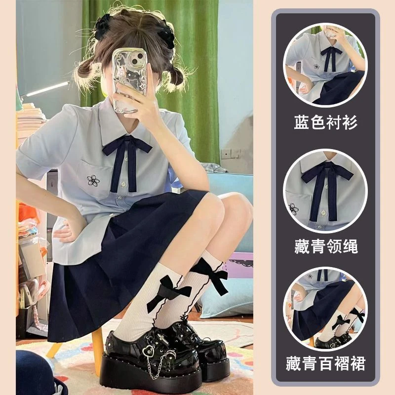 新款设计感原创樱花白蓝色短袖jk衬衫日系校园风刺绣夏季制服上衣