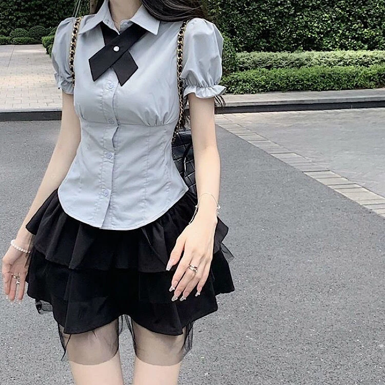 学院风日系JK制服收腰显瘦泡泡袖衬衫上衣高腰蓬蓬蛋糕裙子套装女