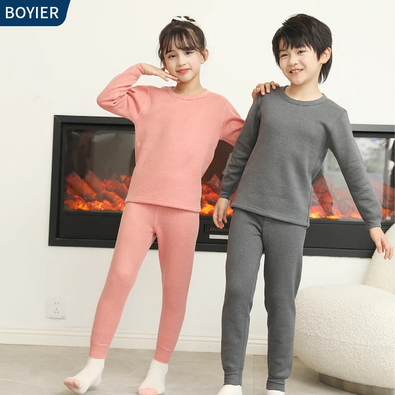 儿童秋冬加绒保暖内衣套装男童秋冬加厚保暖套女童内穿圆领打底衫