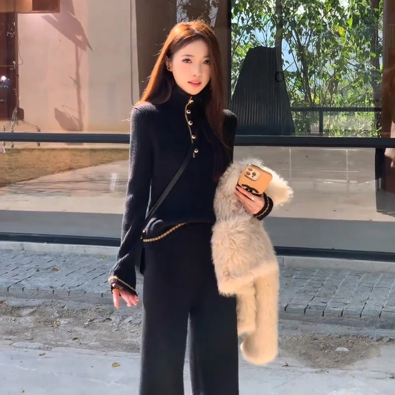 法式小香风针织套装气质名媛慵懒风垂感阔腿裤两件套2025秋冬新款