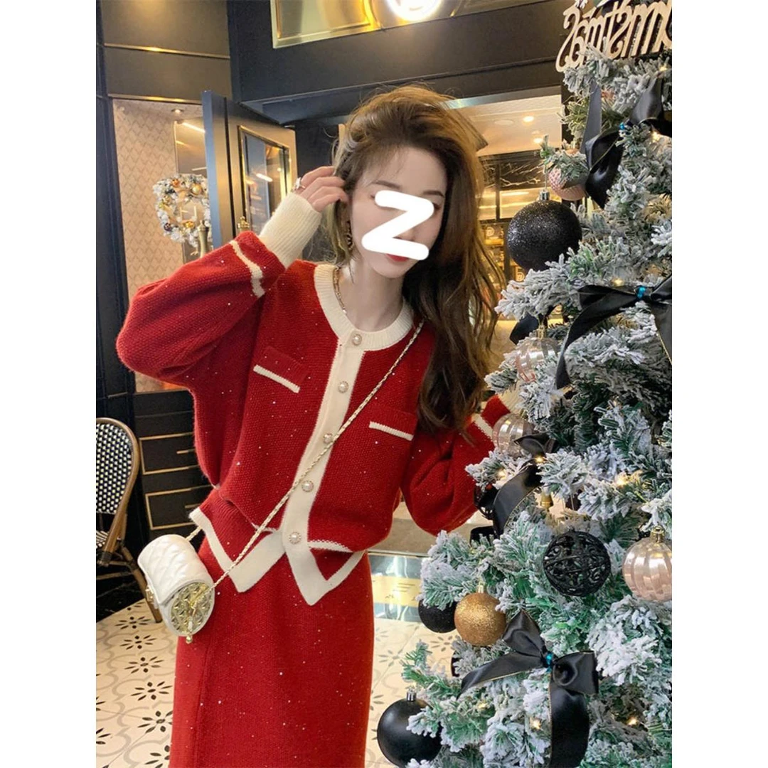 新年衣服法式小香风红色针织连衣裙过年女装早春高级感小洋装套装