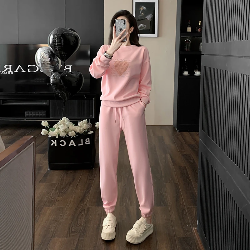 欧货休闲运动套装女秋季2025新款时尚洋气减龄粉色卫衣卫裤两件套