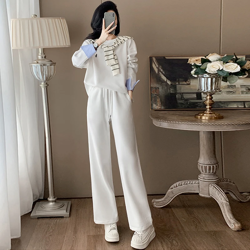 韩系慵懒风休闲时尚套装女2025秋季白色卫衣披肩外搭阔腿裤三件套