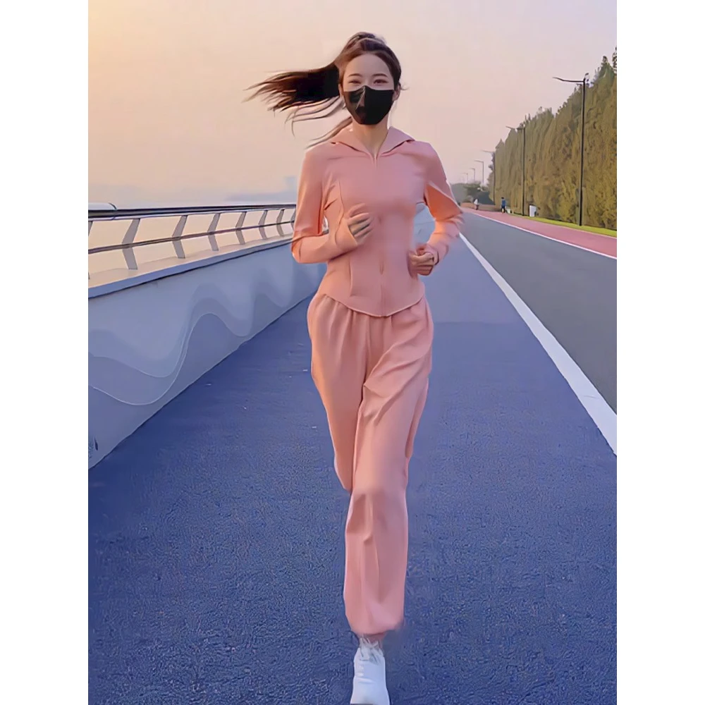韩版流行时尚休闲套装春季运动服粉色甜酷风开衫连帽卫衣两件套女