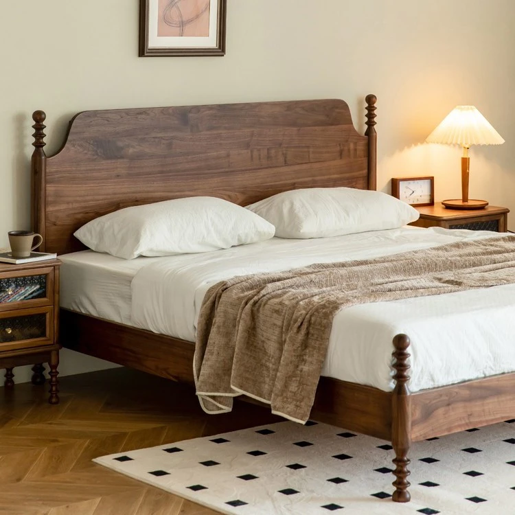 北美黑胡桃木实木床新中式简约双人床小户型主卧轻奢风美式复古床