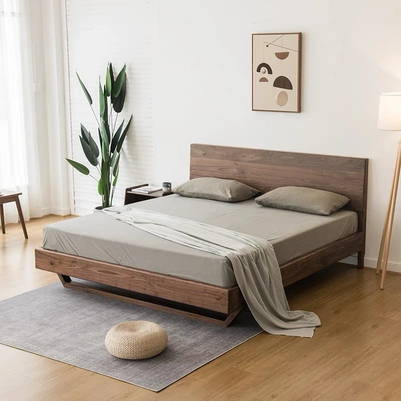 北欧黑胡桃双人木床现代简约主卧婚床轻奢悬空床全实木板式大床