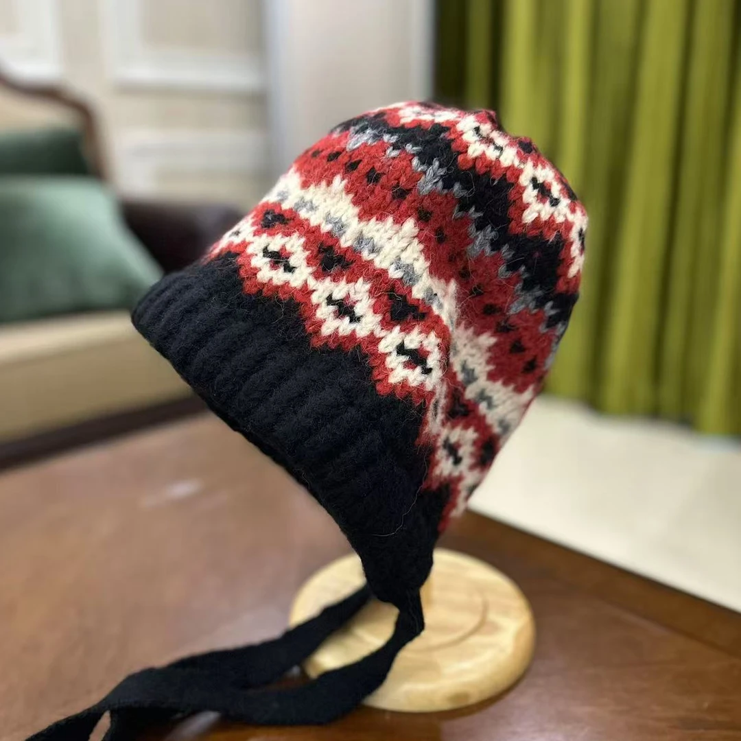 费尔岛风针织帽 女士秋冬季加厚保暖毛线帽护耳帽巴拉克拉法帽