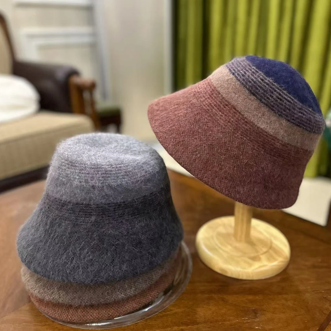 帽子渔夫帽 可折叠保暖帽秋冬时尚盆帽 针织百搭女士条纹经典帽