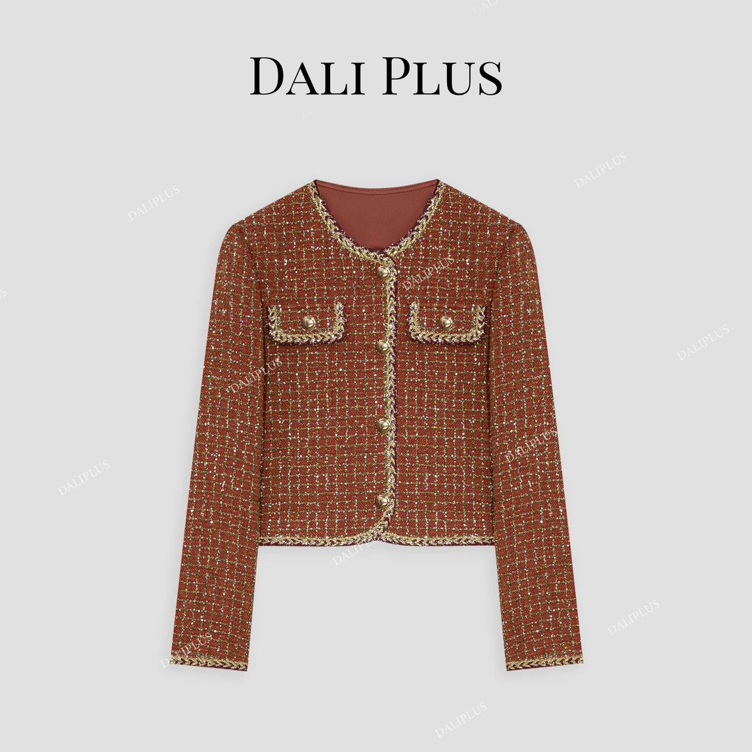 DALI PLUS高级定制轻奢法式砖红色格子面料羊毛长袖外套-D4SS0172