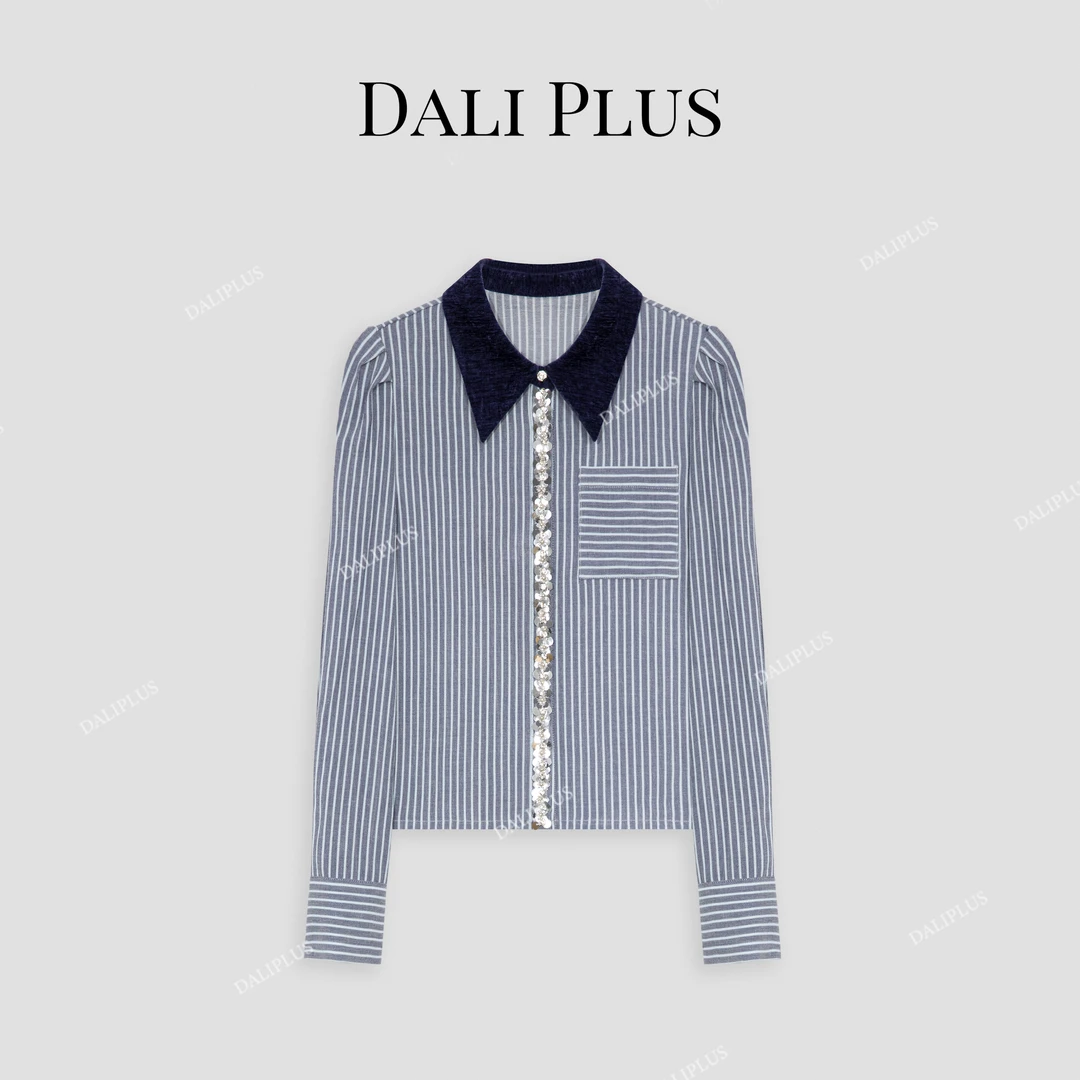 DALI PLUS原创设计 轻奢通勤丝绒牛仔蓝竖条纹法式衬衫-D4SS0192