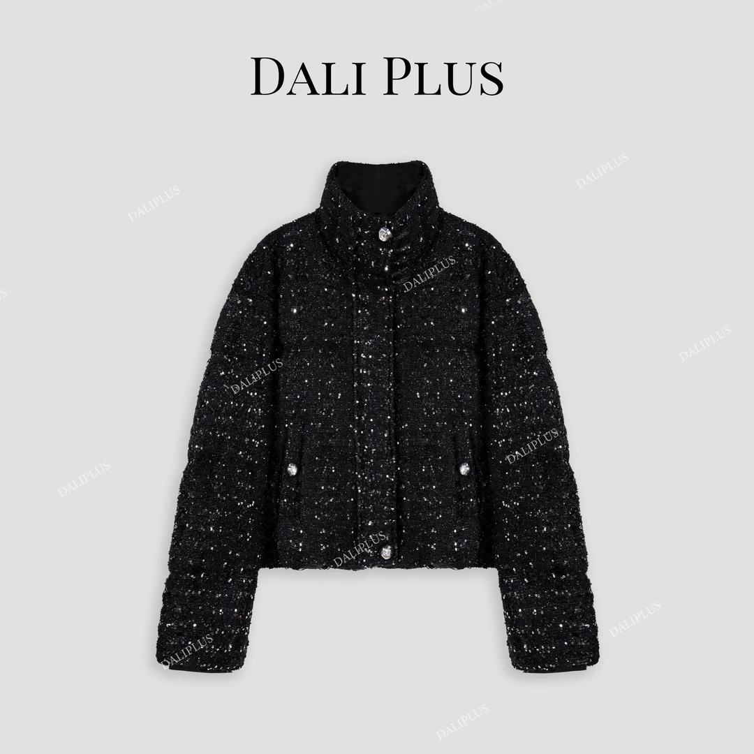 DALI PLUS高级黑闪亮片小香风鸭绒服高端短款羽绒服-D4KK0140