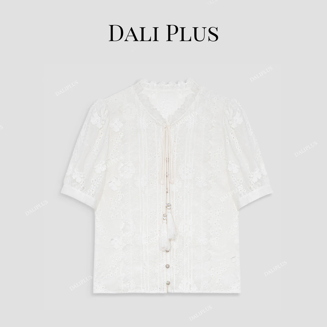 DALI PLUS南法度假镂空刺绣白色蕾丝钩花短袖衬衫-D4KK0127