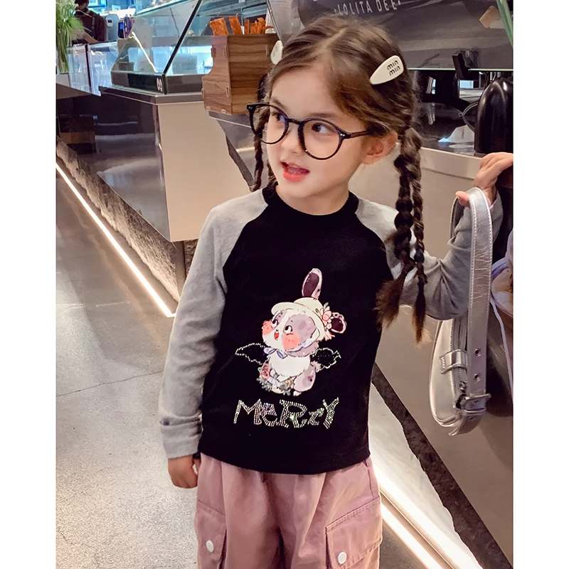 【宠粉浮力】米米哈罗女童长袖T恤儿童插肩袖上衣印花打底衫 Q24525