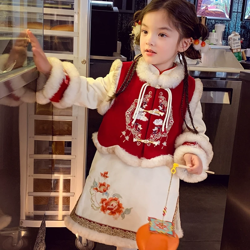 米米哈罗女童新中式旗袍女马甲套装新年战袍D240313