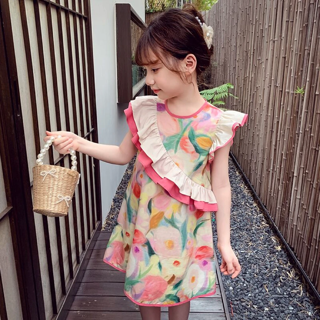 【现货】米米哈罗女童夏季碎花连衣裙洋气儿童飞袖时髦裙子 X24317