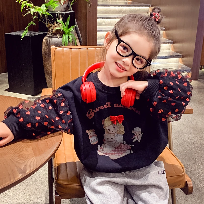 【宠粉浮力】米米哈罗女童秋款洋气爱心网纱拼接长袖上衣卫衣Q24956