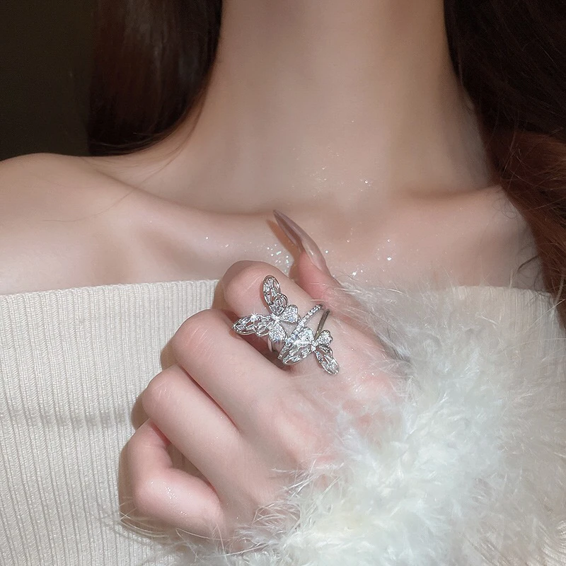 铜合金戒指 重工蝴蝶戒指ins小众满钻网红欧美超仙食指设计感指戒