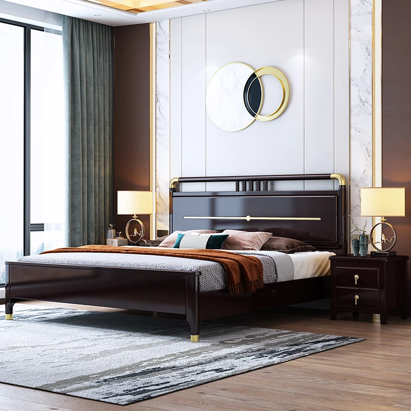 新中式床儿童成套实木床双人床现代简约婚床主卧室高箱储物家具