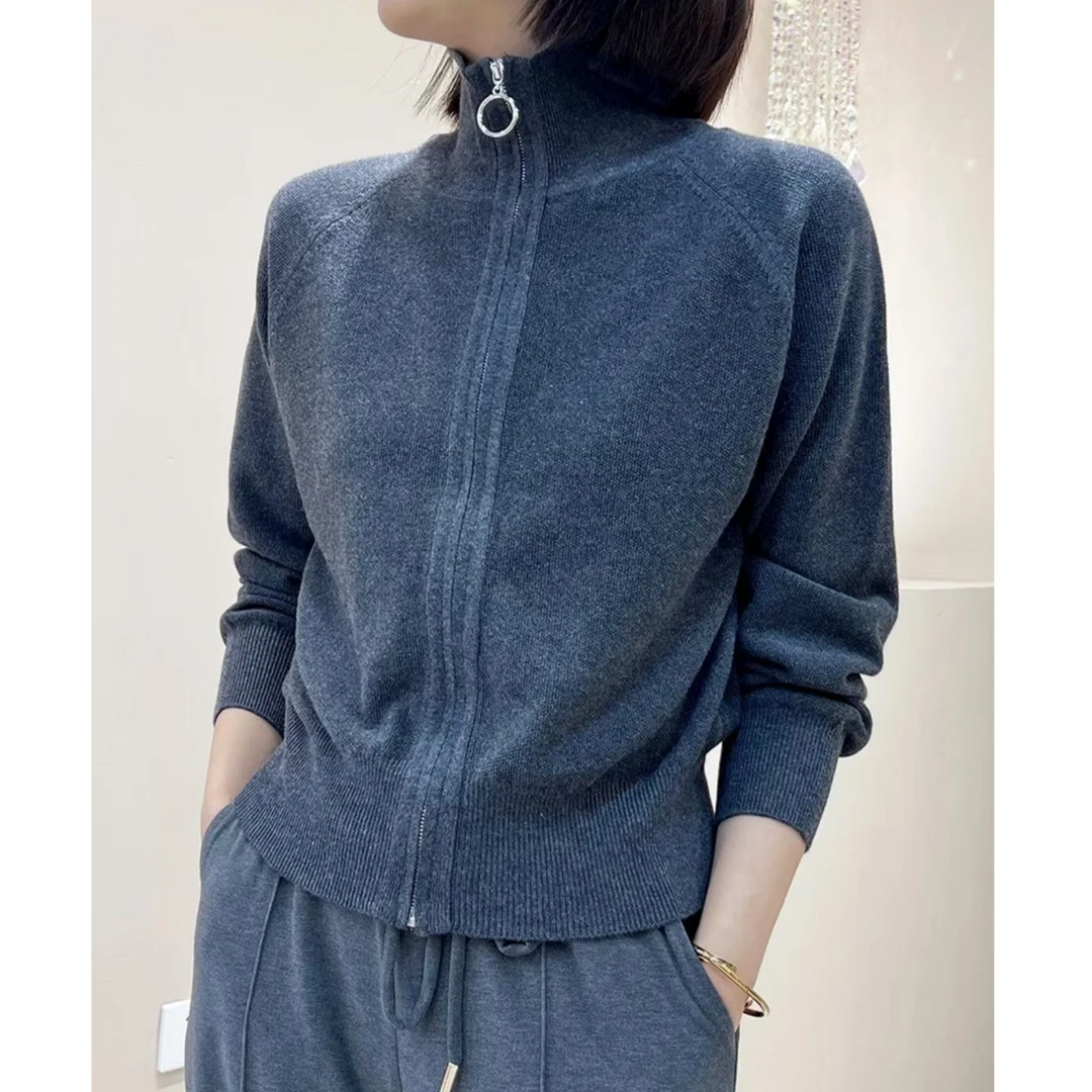 菠萝针精纺羊毛立领双拉链针织衫减龄气质显瘦针织开衫亲肤休闲