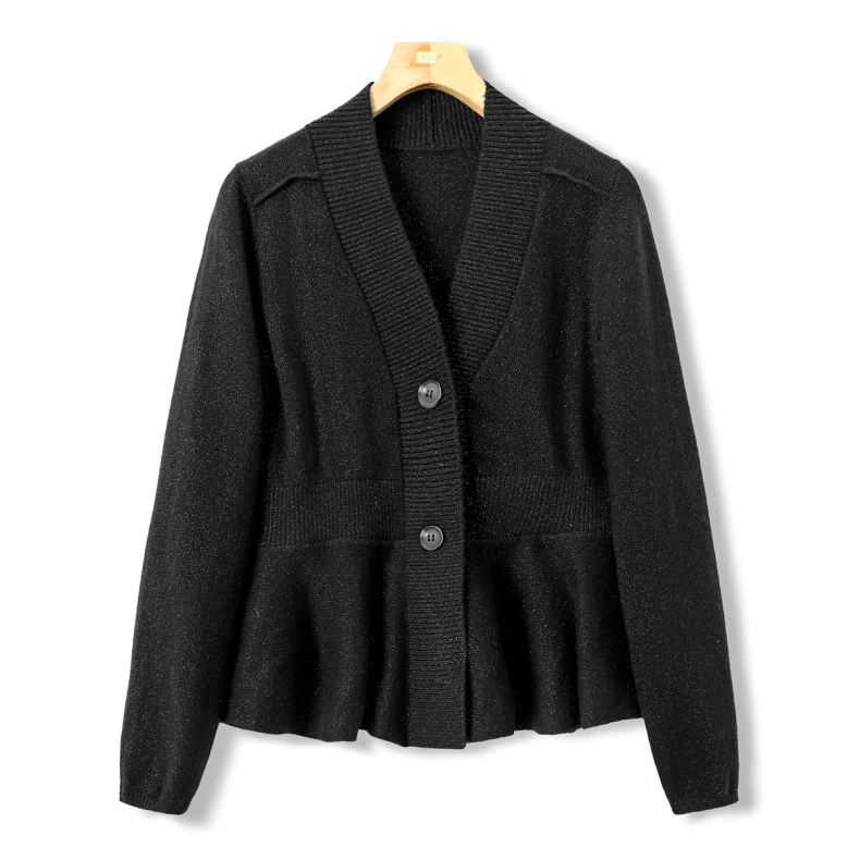 100%绵羊毛减龄收腰线显瘦重工亮丝气质V领开衫针织衫秋冬款