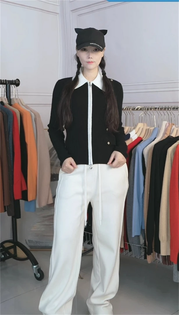 100%精纺羊毛高货春秋款显瘦针织衫法式减龄翻领双拉链绵羊毛开衫