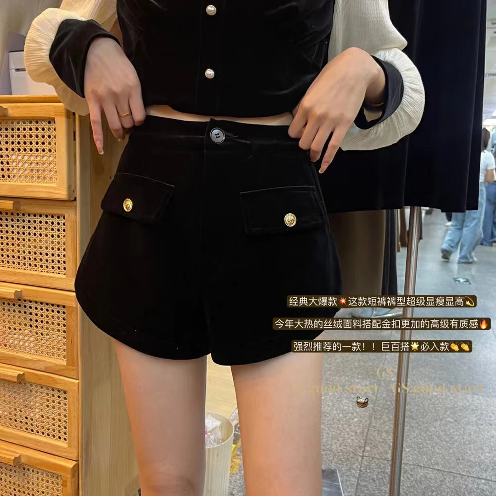 黑色金丝绒短裤女外穿春秋冬复古a字百搭高腰显瘦休闲阔腿裤靴裤