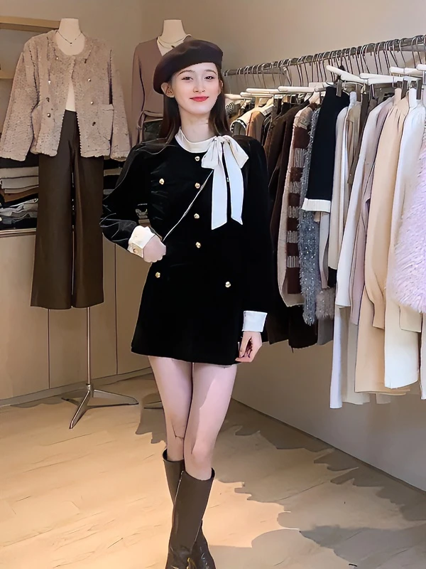 黑色千金时尚气质小香风套装女2024春秋富家小姐姐长袖丝绒外套装