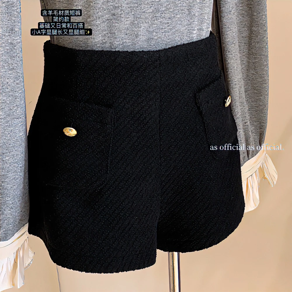 显腿长百搭简约羊毛裤休闲高腰休闲黑色毛呢裤冬A字网红阔腿短裤