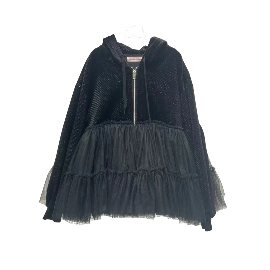 3396【珍珍优选】设计师新款拼接纱纱秋季冬季长袖外套连衣裙