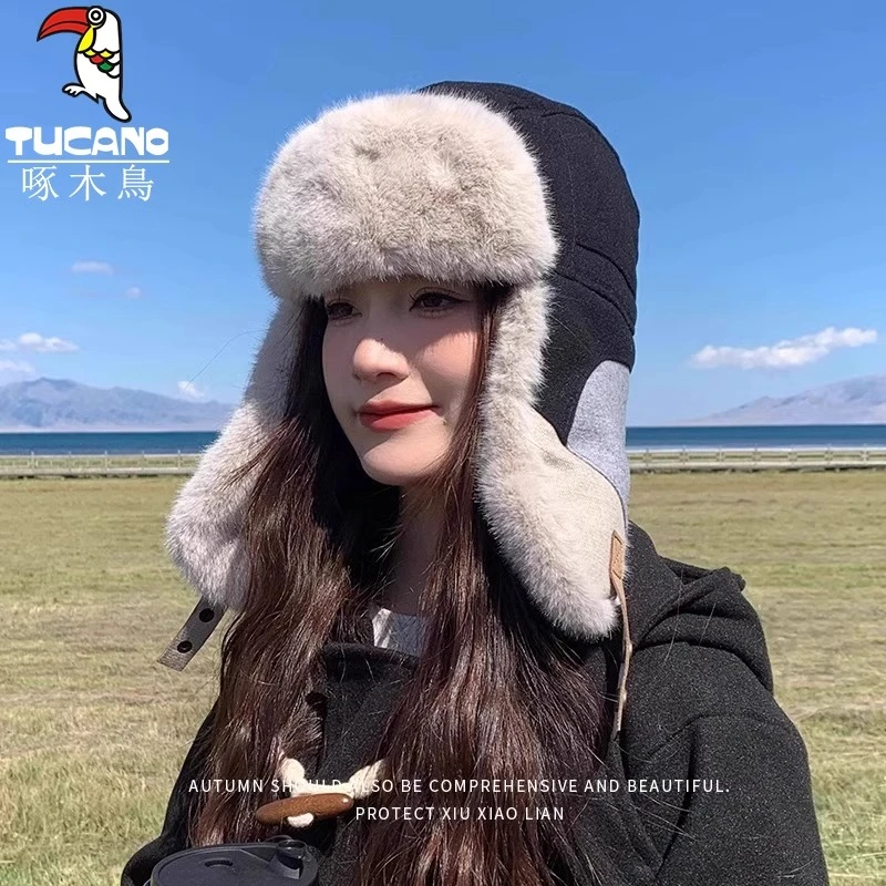 啄木鸟帽子女2025冬季显脸小加绒加厚骑车保暖神器防风防寒护耳帽