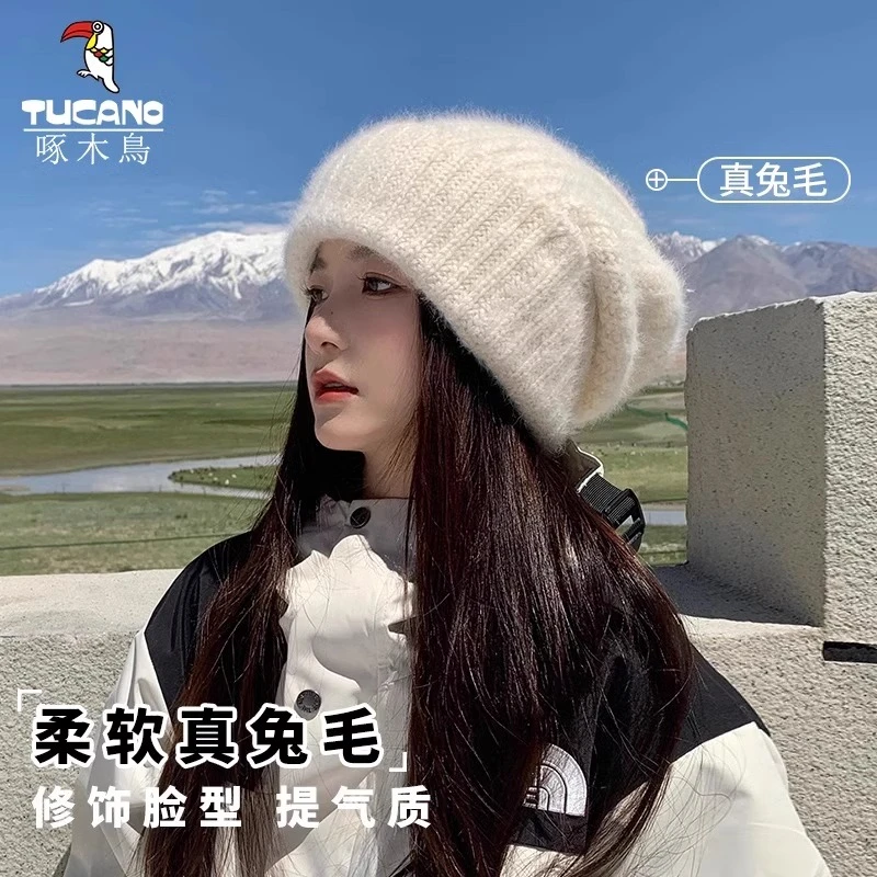 啄木鸟帽子女2025冬季保暖兔毛针织帽加厚大头围显脸小护耳毛线帽