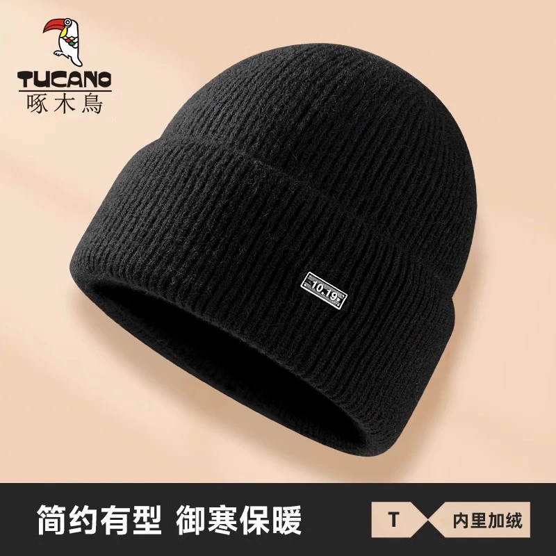 啄木鸟针织帽男秋冬大头围护耳包头冷帽2024冬季保暖加厚毛线帽子