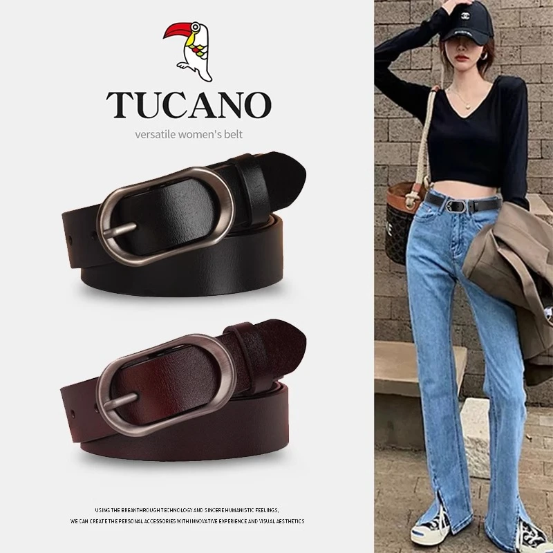 啄木鸟皮带女士2025新款真皮复古休闲百搭牛皮针扣配牛仔裤腰带潮