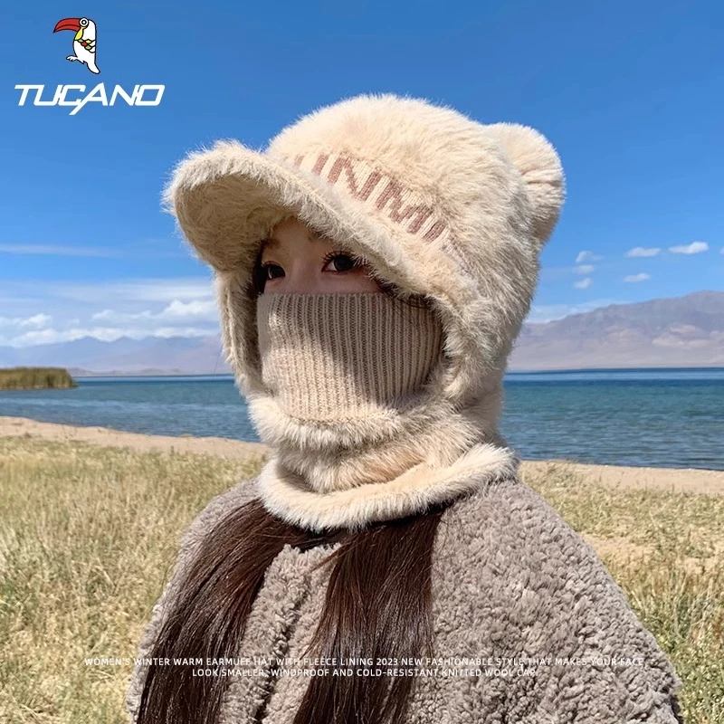 帽子女2025冬季加厚保暖针织鸭舌帽骑行电动车防风防寒护耳毛线帽