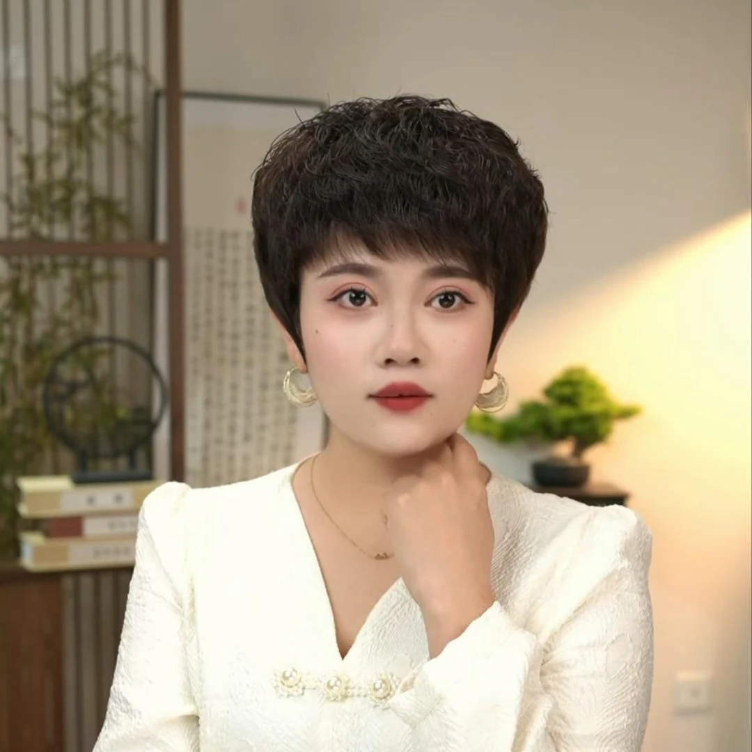 全手织短卷发手工匠人工艺高端轻薄假发减龄时尚全真发女士全头套