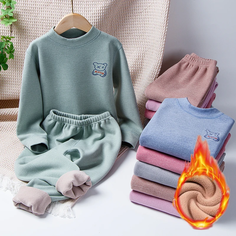 冬季儿童加厚加绒保暖内衣套装男女童中领暖绒睡衣中大童打底内搭