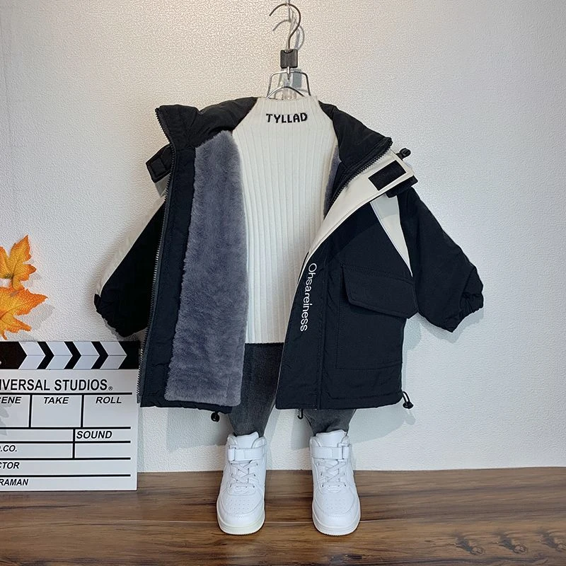男童加绒派克服外套秋冬厚款洋气儿童加厚上衣宝宝韩版棉衣潮