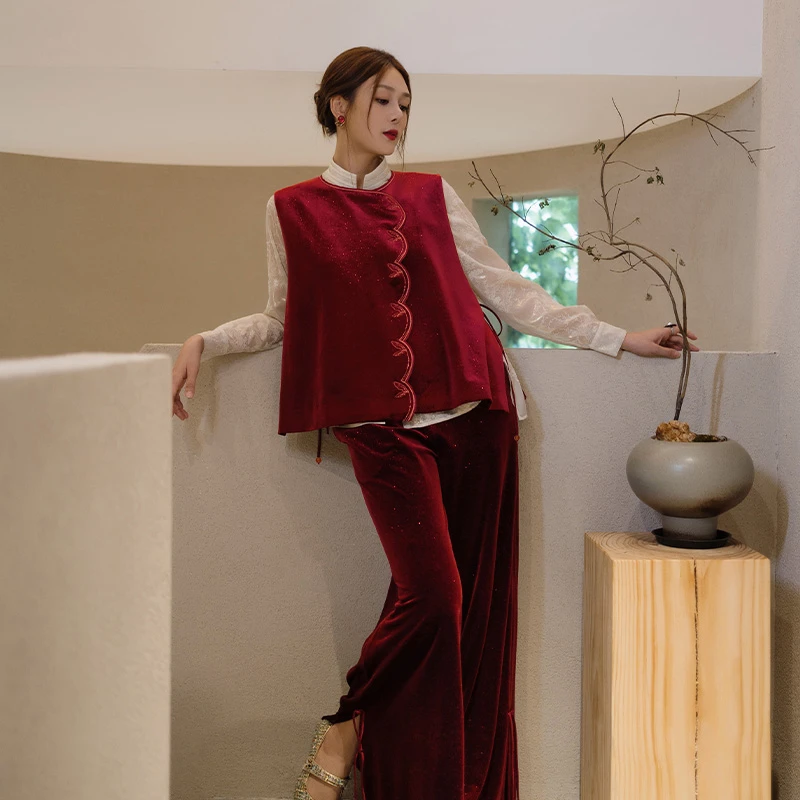 【亏本清仓】四美子金叶秋声秋冬季刺绣丝绒长裤阔腿裤新中式国风