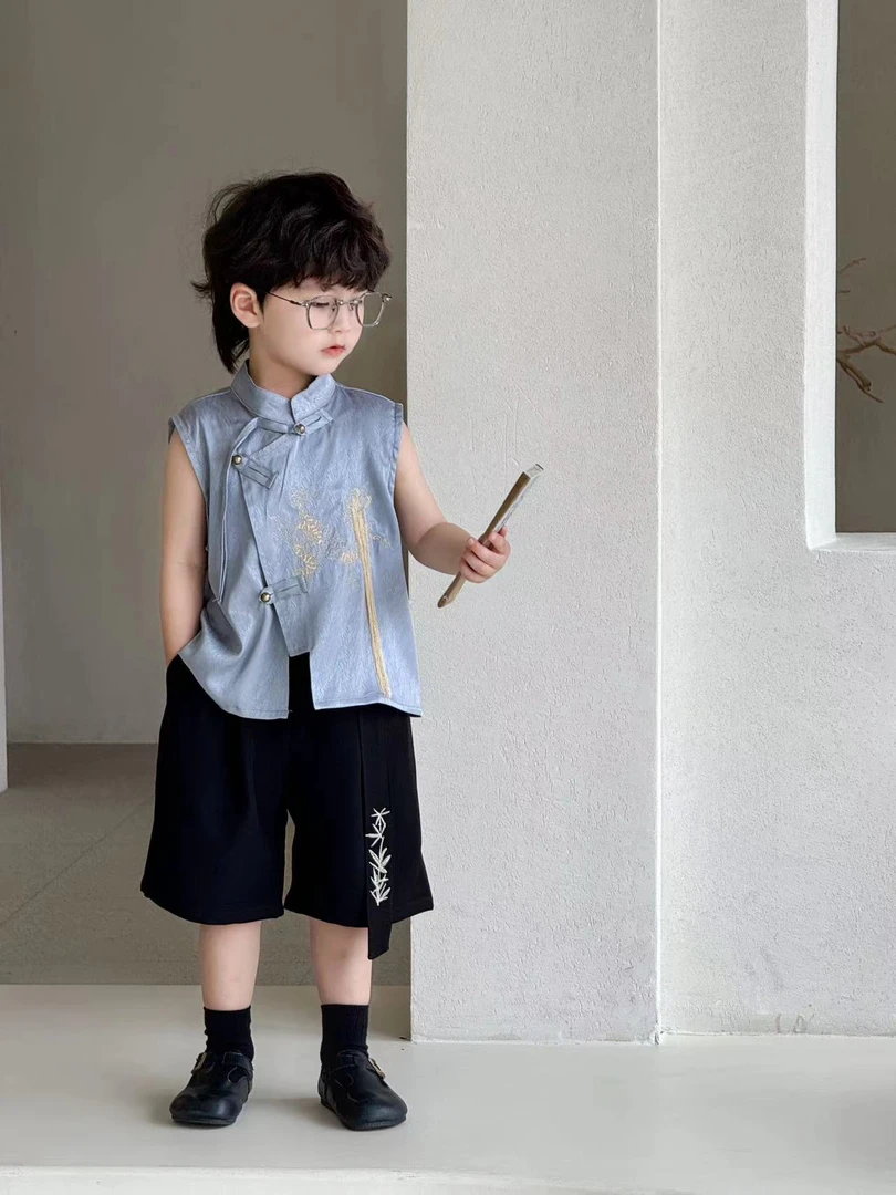【momo】男童套装2024夏季新款儿童新中式汉服提花刺绣无袖马甲套装