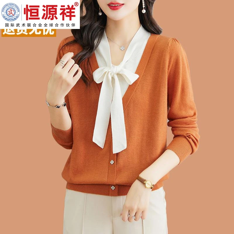 恒源祥彩羊羊毛衫女薄款2023早秋新款今年流行爆款洋气针织蝴蝶结