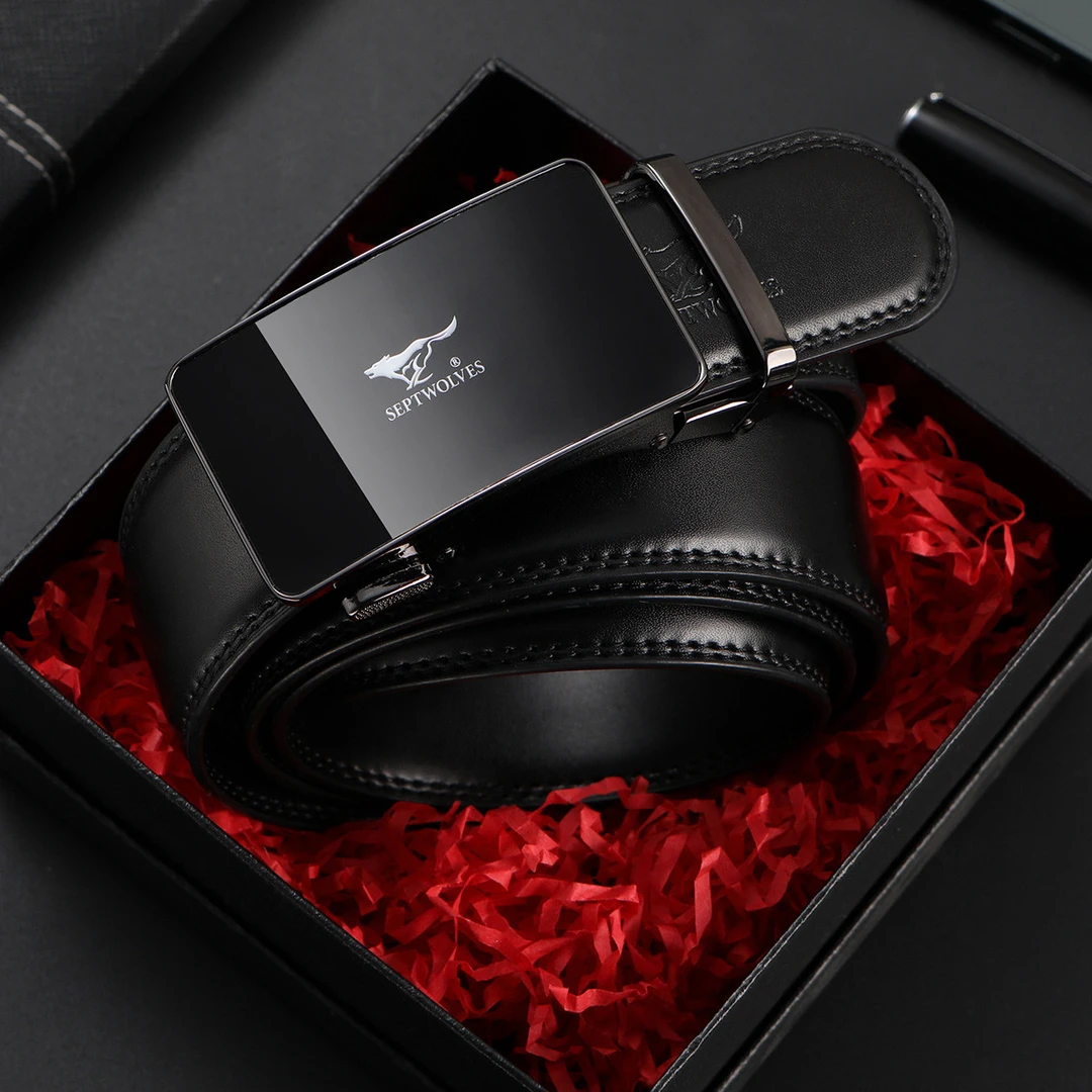 七匹狼镜面扣头轻奢时尚百搭通用潮流百搭真牛皮男士裤腰带自动扣